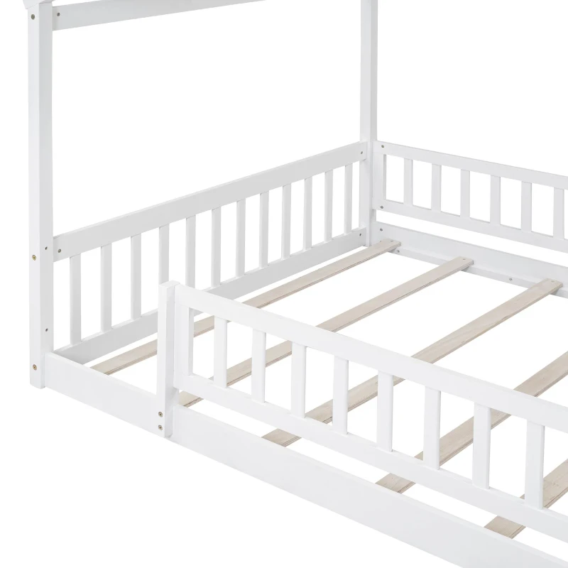Full Size Wood House Bed with Roof and Fence, Sturdy Pinewood Bed Frame for Kids and Teens, 79.5" L x 57" W x 63" H, White