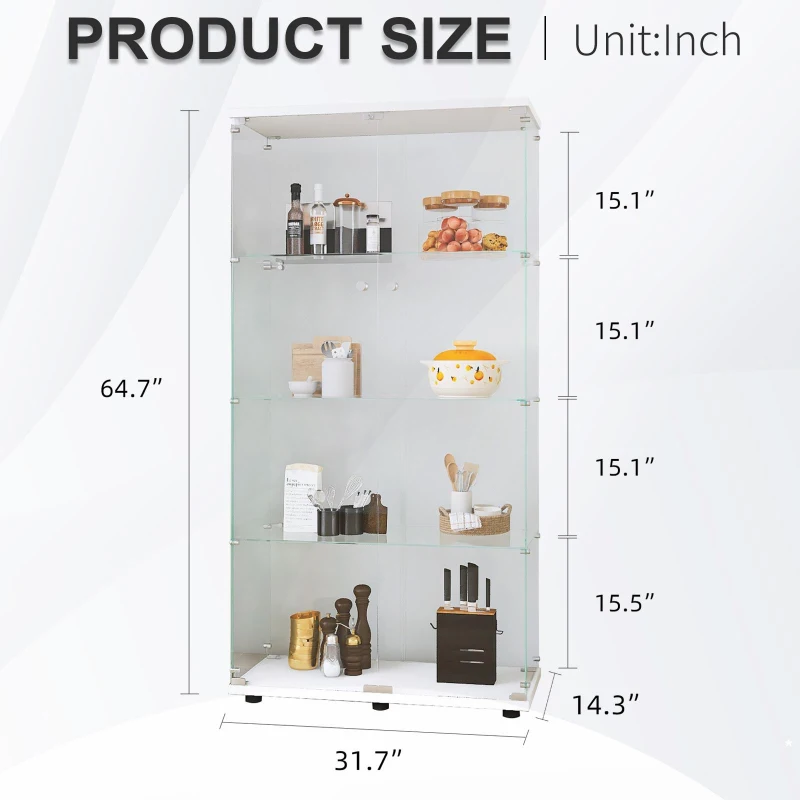 Solid Glass Floor-Standing Showcase with Built-In LED Lighting, LED Glass Display Cabinet with Lockable Doors, 31.5'' L x 14.5'' W x 64.5'' H, White