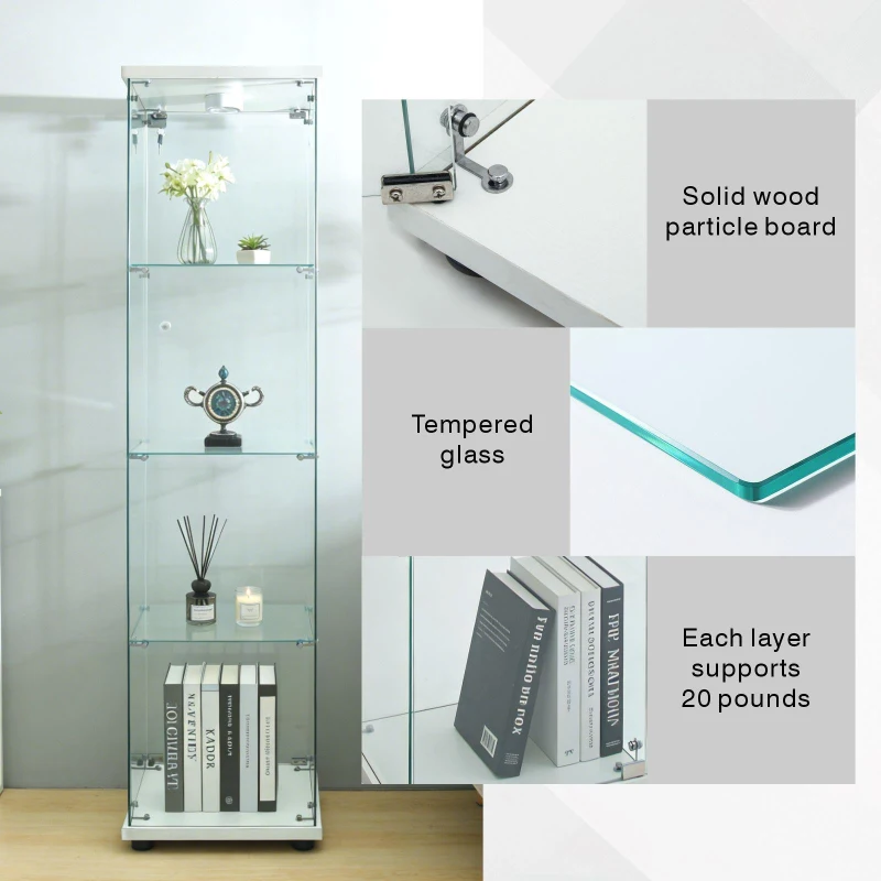 Floor-Standing Curio Bookcase with Tempered Glass Door, LED Glass Display Cabinet with Adjustable Feet, 16.5'' L x 14.5'' W x 64.5'' H, White