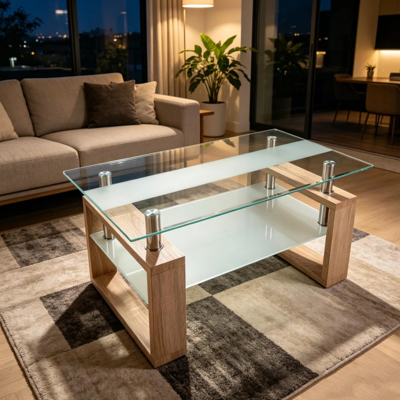 Modern Glass Coffee Table with Wood-Grain MDF Legs, Minimalist Center Table with 2-Tier Storage, 34.5'' L x 18.5'' W x 17.5'' H, Natural+Transparent