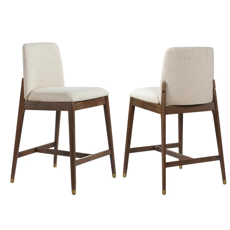 Counter Height Bar Stool Set of 2 with Premium Rubberwood, Modern Bar Chairs with Metal-Tipped Feet, 20'' L x 22.5'' W x 38'' H, Beige+Walnut