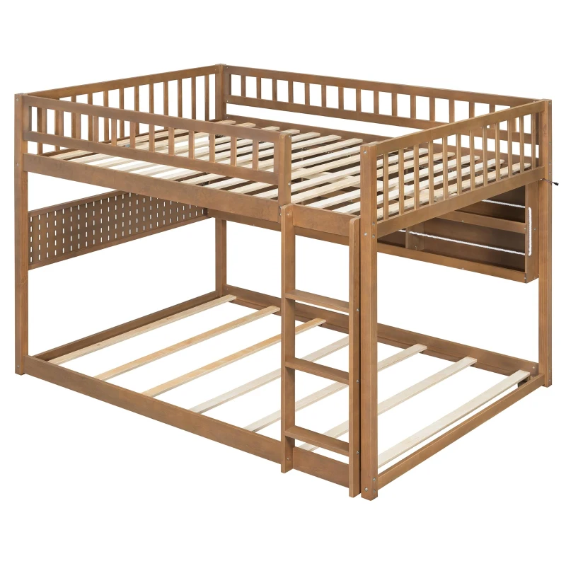 Full Over Full Bunk Bed with Convenient Storage Headboard, Unique Bed Frame with Multi-Color Light Strip, 79" L x 57.5" W x 57" H, Brown