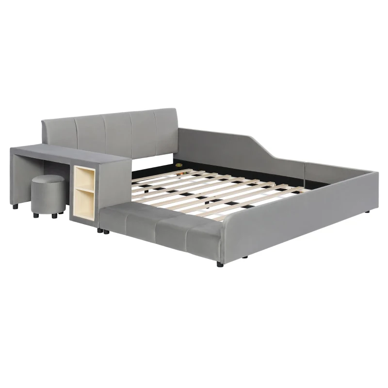 Queen-Size Upholstered Platform Bed with Bedside Desk and Stool, Cozy Bed Frame with Streamlined Structure, 84.5" L x 74" W x 28" H, Gray