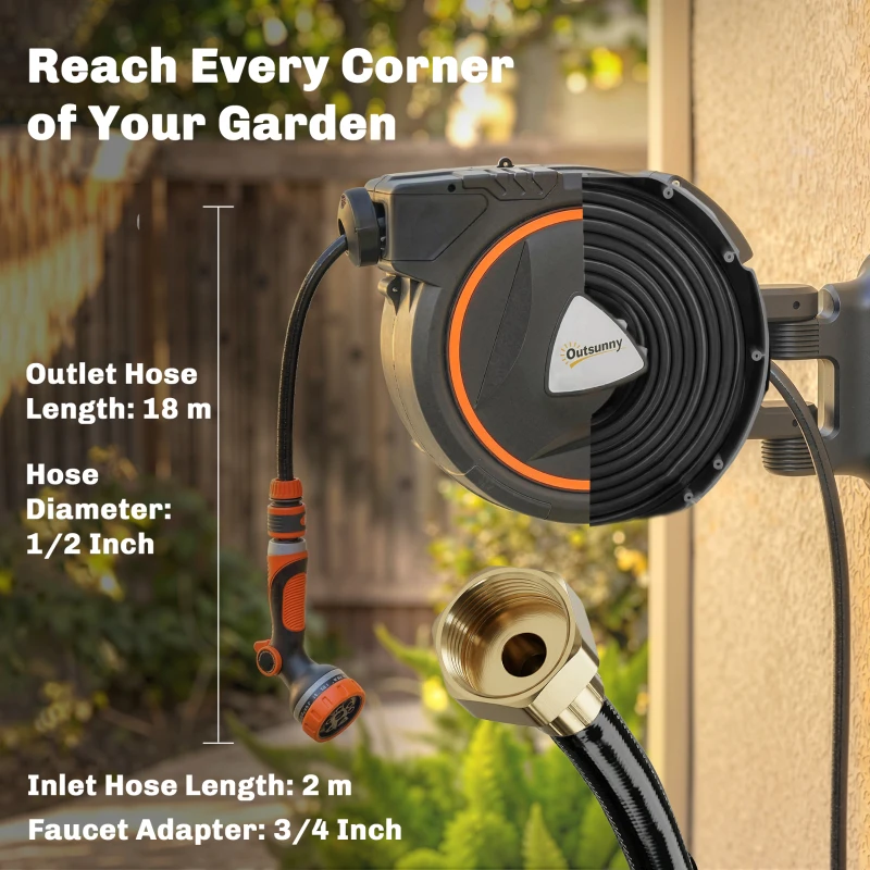 Outsunny Retractable Garden Hose Reel, 1/2" x 59ft Wall Mounted Hose Reel with 12-Pattern Nozzles, Auto Retraction, Self-Locking
