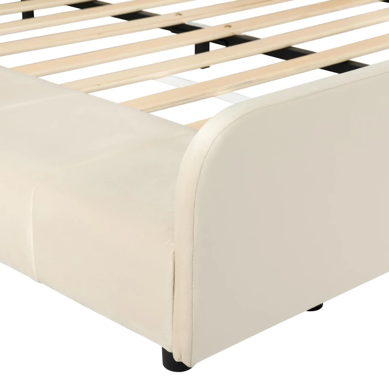 Full Size Upholstered Platform Bed with Bedside Desk and Round Stool, Cozy Bed Frame with Streamlined Structure, 79.5" L x 68" W x 28" H, Beige