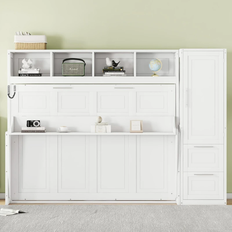 Space-Saving Full Size Murphy Wall Bed with Integrated Shelf, Customizable Bed Frame with Closet and 2 Drawers, 107.5" L x 58" W x 72" H, White