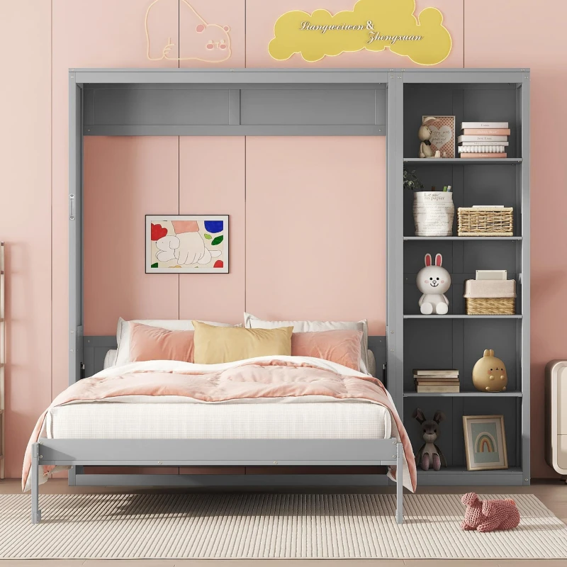 Space-Saving Murphy Bed with 5-layer Folded Cabinet, Solid Murphy Bed Frame with 600 lbs Weight Capacity, 87.5" L x 15.5" W x 83.5" H, Gray