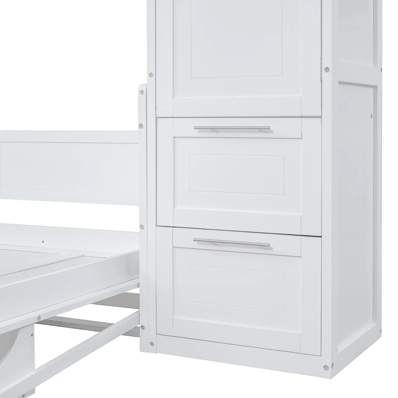 Queen Size Murphy Wall Bed with Storage Shelf, Space‑Saving Bed Frame with Integrated Closet and 2 Drawers, 112" L x 65" W x 78.5" H, White