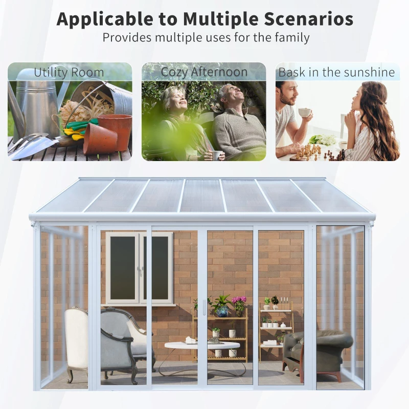 Weatherproof Sunroom Kit with 3 Lockable Sliding Doors, Enclosed Patio Cover with Aluminium Alloy Frame, 168.5'' L x 115'' W x 123'' H, White