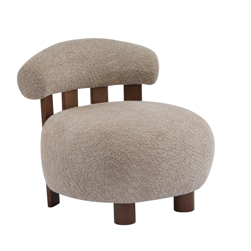 Modern Bouclé Fabric Accent Chair with Curved Backrest, Cozy Lounge Seating with Solid Birch Wood Frame, 29'' L x 31'' W x 29'' H, Light Brown+Walnut