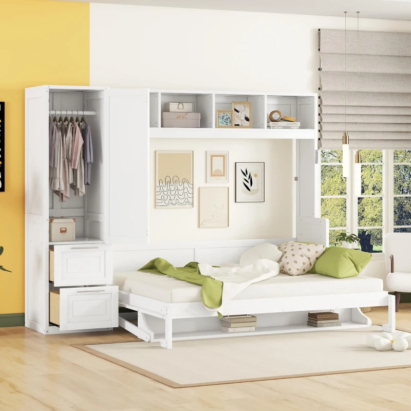 Queen Size Murphy Wall Bed with Storage Shelf, Space‑Saving Bed Frame with Integrated Closet and 2 Drawers, 112" L x 65" W x 78.5" H, White