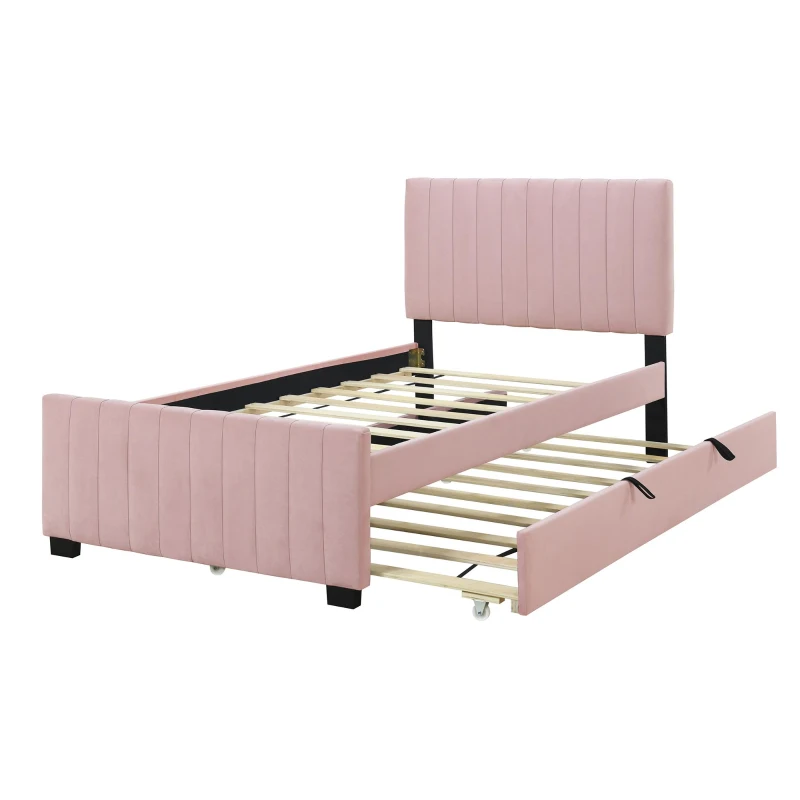 Space-Saving Twin Size Upholstered Platform Bed with Trundle Under Bed, Cozy Bed Frame with Velvet Fabric, 80" L x 41.5" W x 42.5" H, Pink