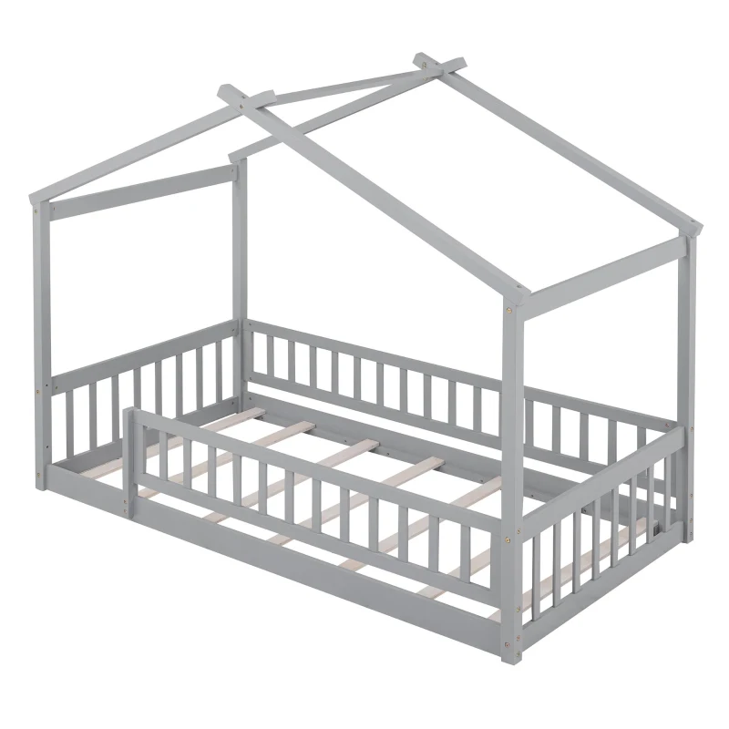 Comfortable Twin House Bed Frame with Roof and Fence, Sturdy Pinewood Platform Bed with Semi-enclosed Space, 79.5" L x 41.5" W x 63" H, Walnut