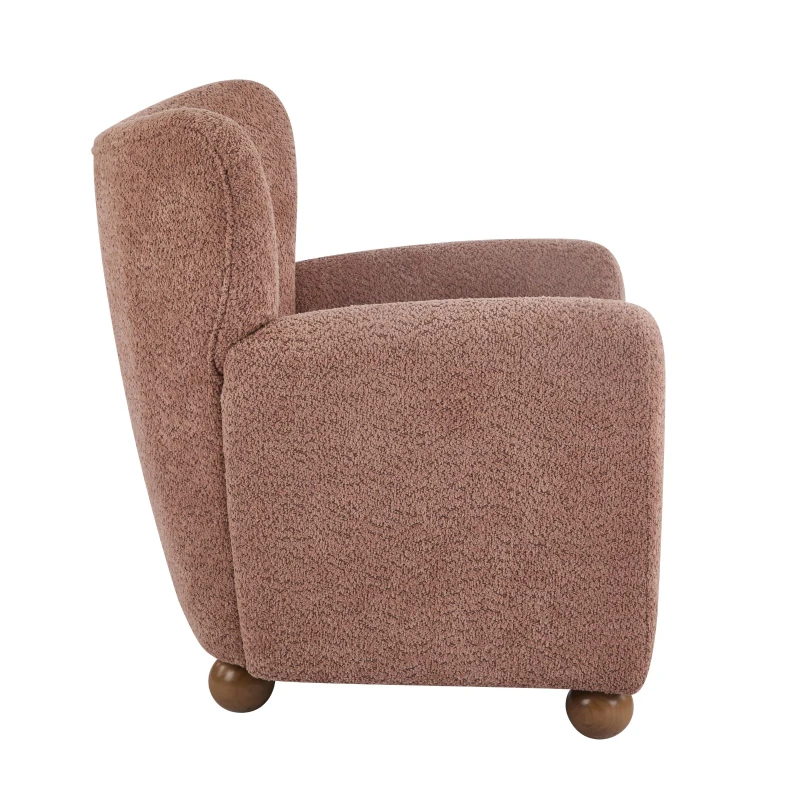 Cozy Wingback Armchair with Premium Fabric Upholstery, Bouclé Accent Chair with Plush Cushioned Seat, 32'' L x 31'' W x 32.5'' H, Coral+Teak