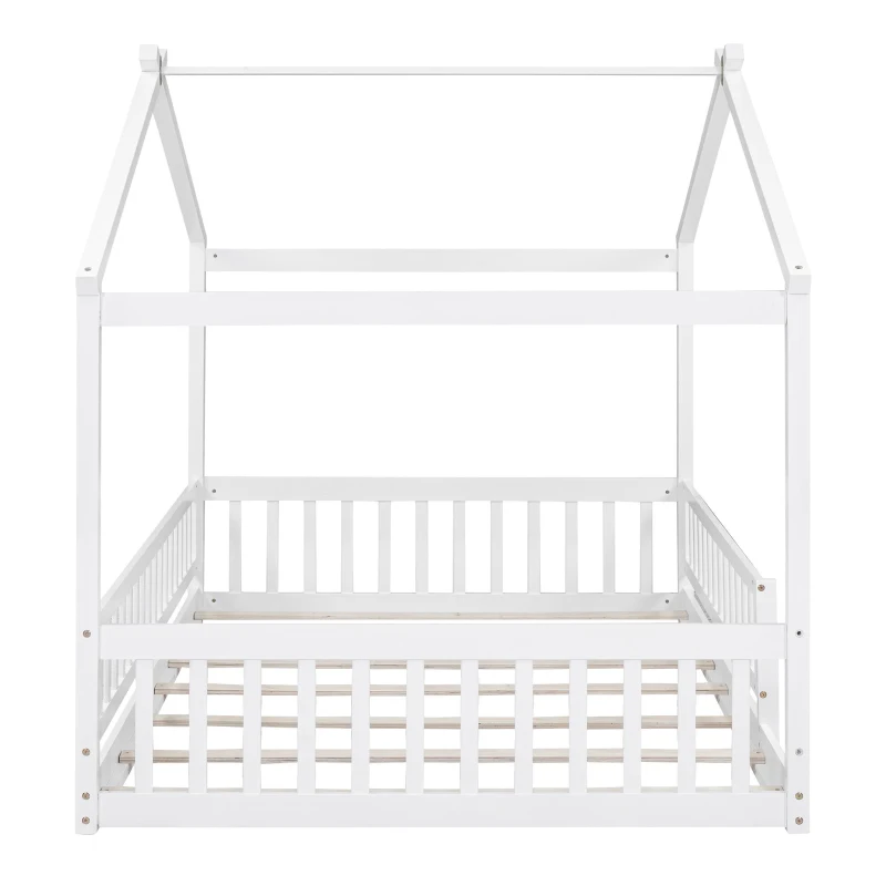 Full Size Wood House Bed with Roof and Fence, Sturdy Pinewood Bed Frame for Kids and Teens, 79.5" L x 57" W x 63" H, White