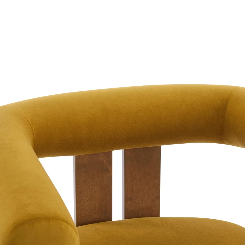 Round Arm Accent Chair with Velvet Upholstery, Curved Backrest Armchair with Solid Birch Wood Base, 31'' L x 29'' W x 30'' H, Mustard Yellow+Walnut
