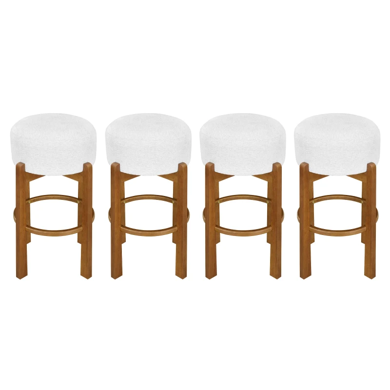 Indoor Round Seat Bar Stools with Premium Solid Frame, Non-Swivel Bar Chairs with Ergonomic Round Seat, 19.5'' L x 19.5'' W x 30'' H, Ivory+Walnut