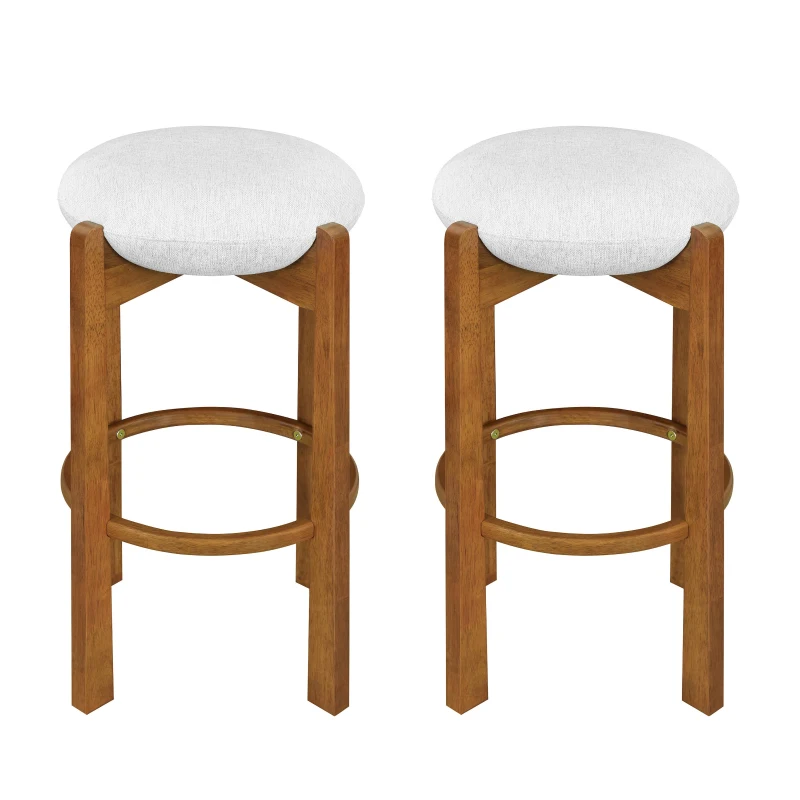Set of 2 Bar Stools with Solid Rubber Wood Frame, Non-Swivel Bar Shairs with Upholstered Round Seat, 19.5'' L x 19.5'' W x 30'' H, Ivory+Walnut