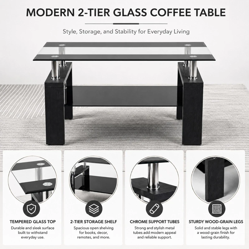 Tempered Glass Coffee Table with Tempered Glass Top, Space-Saving Center Table with Sturdy Legs, 34.5'' L x 18.5'' W x 17.5'' H, Black+Transparent