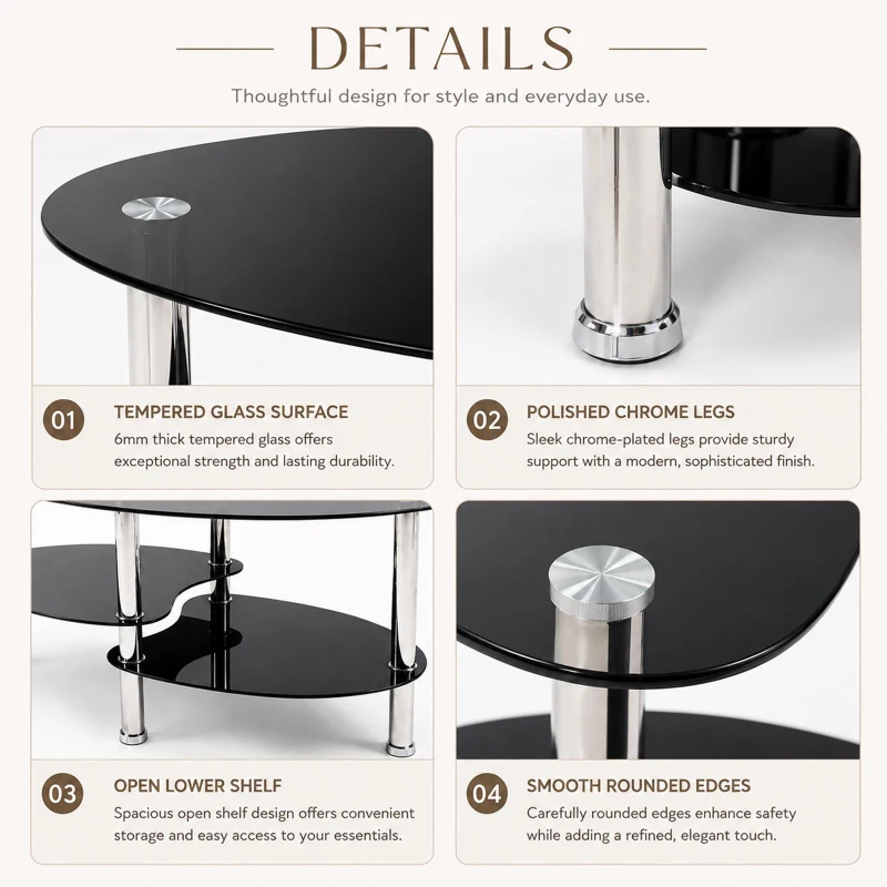 Oval Tempered Glass Coffee Table with Stainless Steel Legs, Modern Living Room Centre Table with Rounded Edges, 34.5'' L x 19'' W x 16'' H, Black