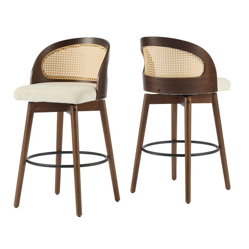 Swivel Bar Chairs with Ergonomic Curved Back, Cozy Stools with Hand‑Woven PE Cane Back, 18" L x 19" W x 35.5" H, Beige+Walnut