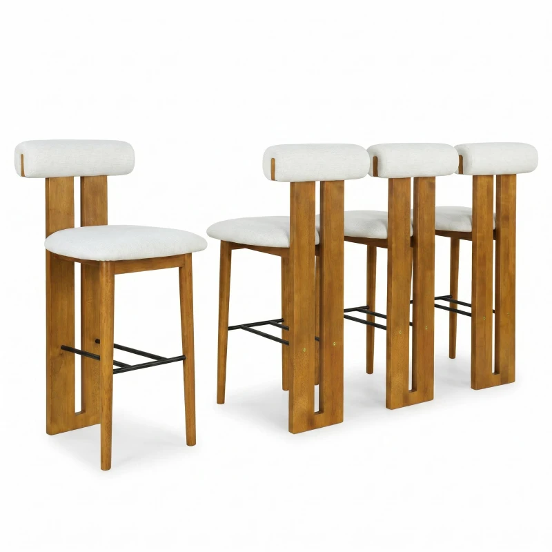 Modern Bar Stool Set of 4 with Padded Upholstered Seat, Indoor Bar Chairs with Ergonomic Cylindrical Backrest,19'' L x 23'' W x 43'' H, Ivory+Walnut