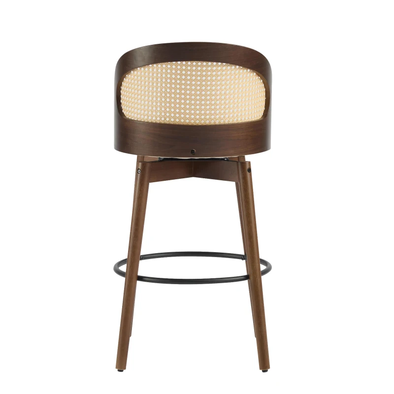 Swivel Bar Chairs with Ergonomic Curved Back, Cozy Stools with Hand‑Woven PE Cane Back, 18" L x 19" W x 35.5" H, Beige+Walnut
