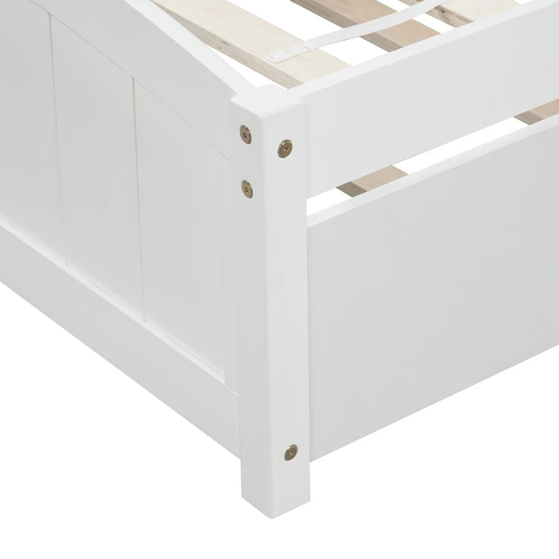 Space-Savimg Twin Size Wood Platform Bed with Roll-Out Trundle, Solid Bed Frame with 10 Supporting Slats, 79.5" L x 41.5" W x 37.5" H, White