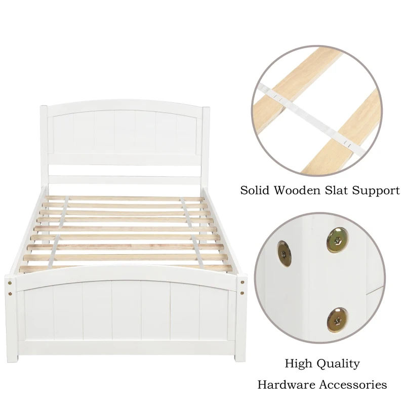 Twin Wood Platform Bed with Durable Material and Light Weight, Solid Bed Frame with 10 Evenly Spaced Slats, 79.5" L x 41.5" W x 35.5" H, White