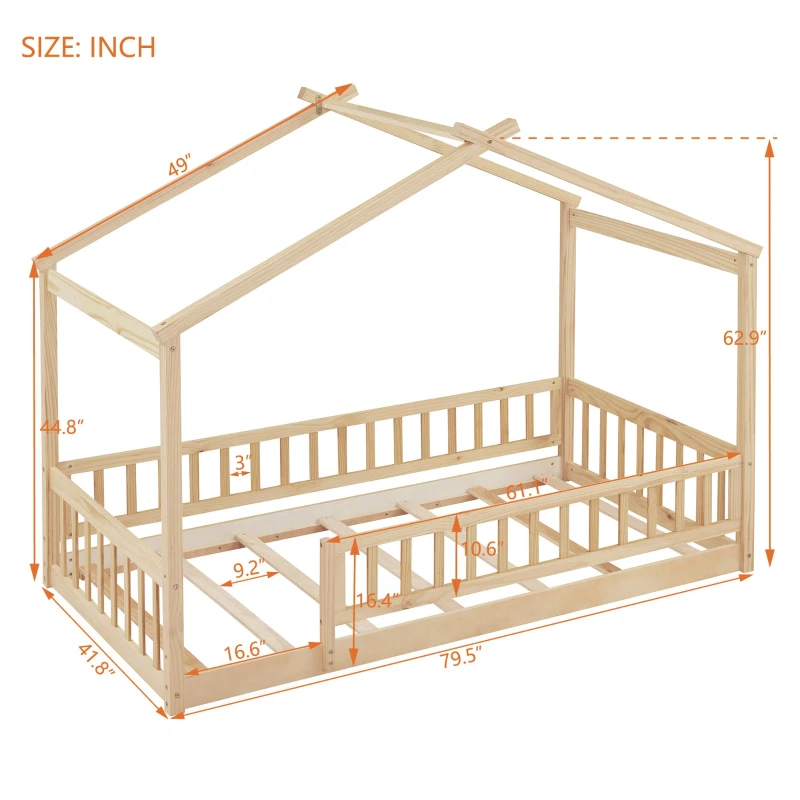 Comfortable Twin House Bed Frame with Roof and Fence, Sturdy Pinewood Platform Bed with Semi-enclosed Space, 79.5" L x 42" W x 63" H, Natural