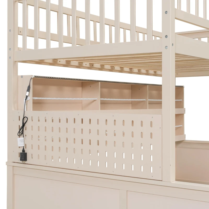 Twin XL Over Queen Bunk Bed with Built-In Storage Shelf and Safety Rope, Useful Bed Frame with Pegboard Side Panel, 83.5" L x 62.5" W x 59" H, Beige