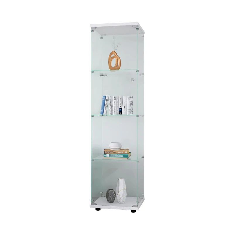 Glass Display Cabinet with Adjustable Feet and Safety Bumpers, Floor-Standing Curio Bookshelf with Tempered Glass, 16.5'' L x 14.5'' W x 64.5'' H, White