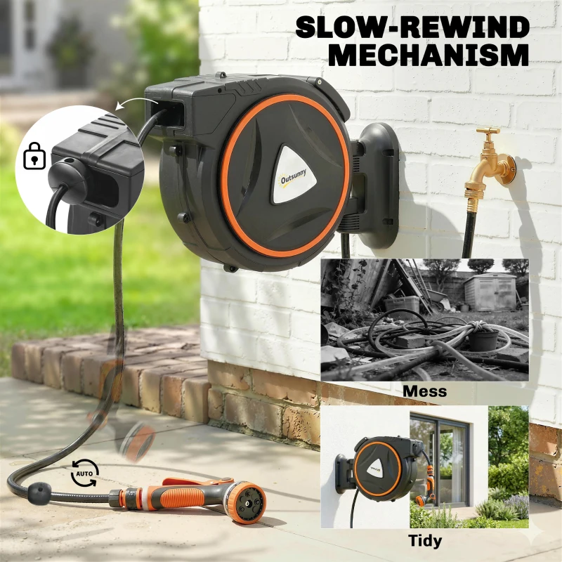 Outsunny Retractable Garden Hose Reel, 1/2" x 59ft Wall Mounted Hose Reel with 12-Pattern Nozzles, Auto Retraction, Self-Locking