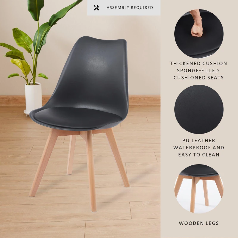 Modern Dining Chairs with Ergonomic High-Density Foam Backrest, Wooden-Legged Side Chairs with PU Leather Upholstery, 19.5L x 16.5W x 32H, Black