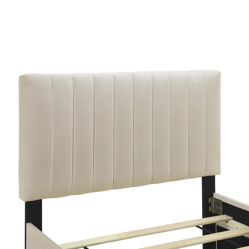 Space-Saving Twin Size Upholstered Platform Bed with Trundle Under Bed, Bed Frame with Velvet Fabric, 80" L x 41.5" W x 42.5" H, Beige