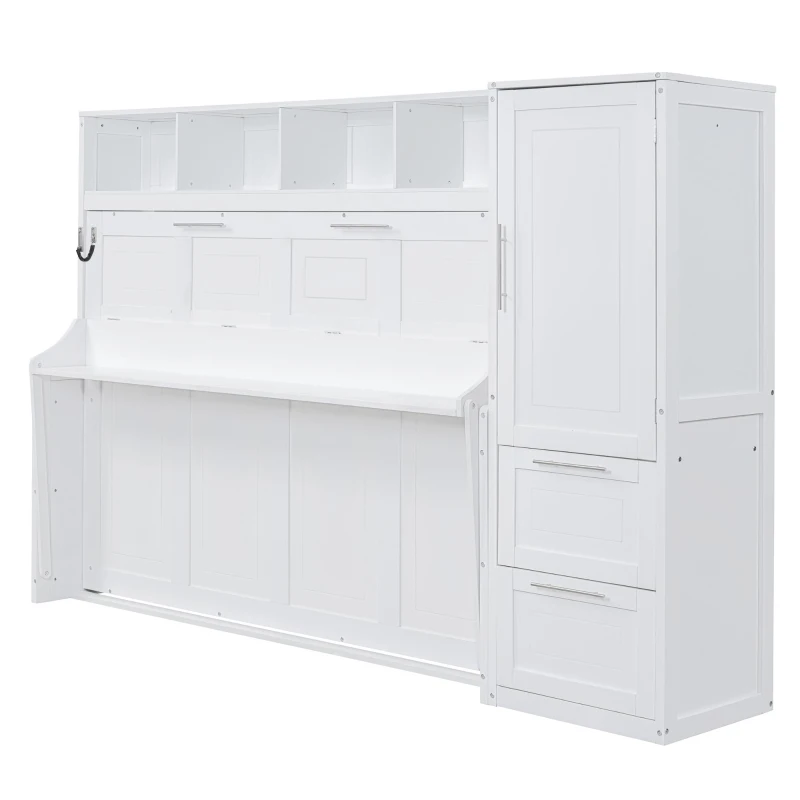 Queen Size Murphy Wall Bed with Storage Shelf, Space‑Saving Bed Frame with Integrated Closet and 2 Drawers, 112" L x 65" W x 78.5" H, White