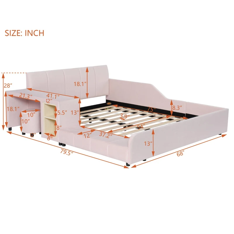 Full Size Upholstered Platform Bed with Bedside Desk and Stool, Cozy Bed Frame with Streamlined Structure, 79.5" L x 68" W x 28" H, Pink