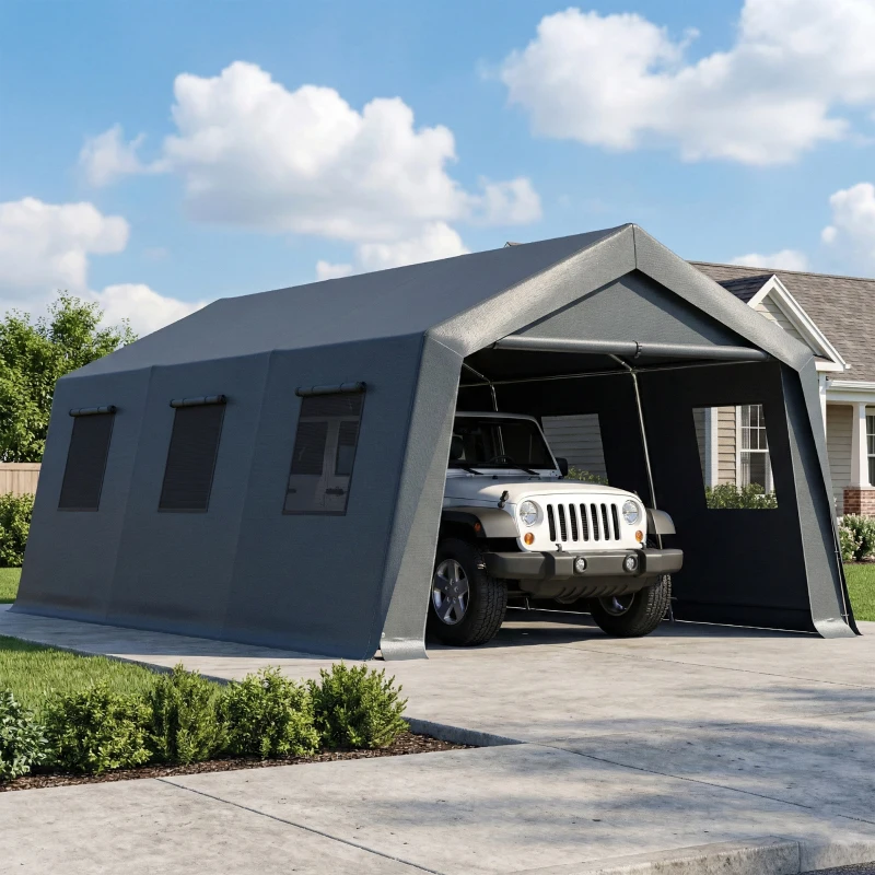 Outsunny 20 x 13 ft Carport, Portable Garage with Roll-Up Door and Windows, PE Canopy, Steel Frame, Dark Grey