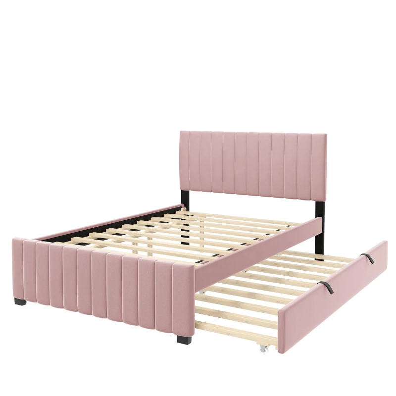 Space-Saving Full Size Upholstered Platform Bed with Twin-Size Trundle, Solid Bed Frame with 10 Reinforced Slats, 80" L x 58" W x 46" H, Pink