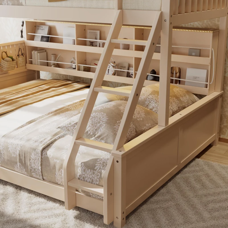 Twin XL Over Queen Bunk Bed with Built-In Storage Shelf and Safety Rope, Useful Bed Frame with Pegboard Side Panel, 83.5" L x 62.5" W x 59" H, Beige