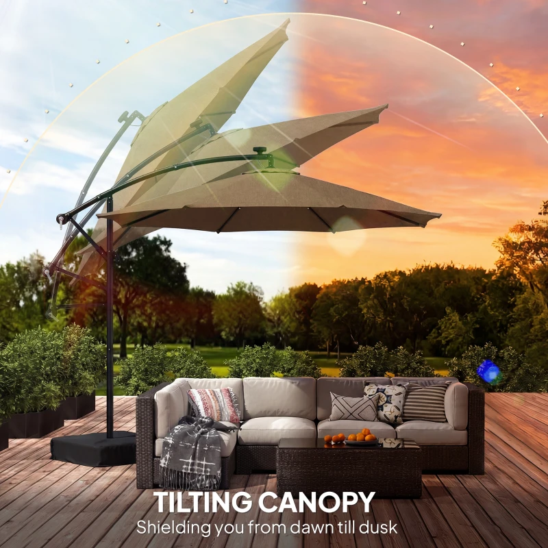 Outsunny 10 ft Cantilever Patio Umbrella with Light, Weight, Offset Hanging Outdoor Umbrella with Protective Cover, Tan