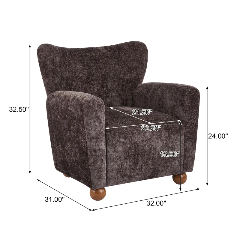 Cozy Wingback Armchair with Premium Fabric Upholstery, Bouclé Accent Chair with Plush Cushioned Seat, 32'' L x 31'' W x 32.5'' H, Dark Brown+Teak