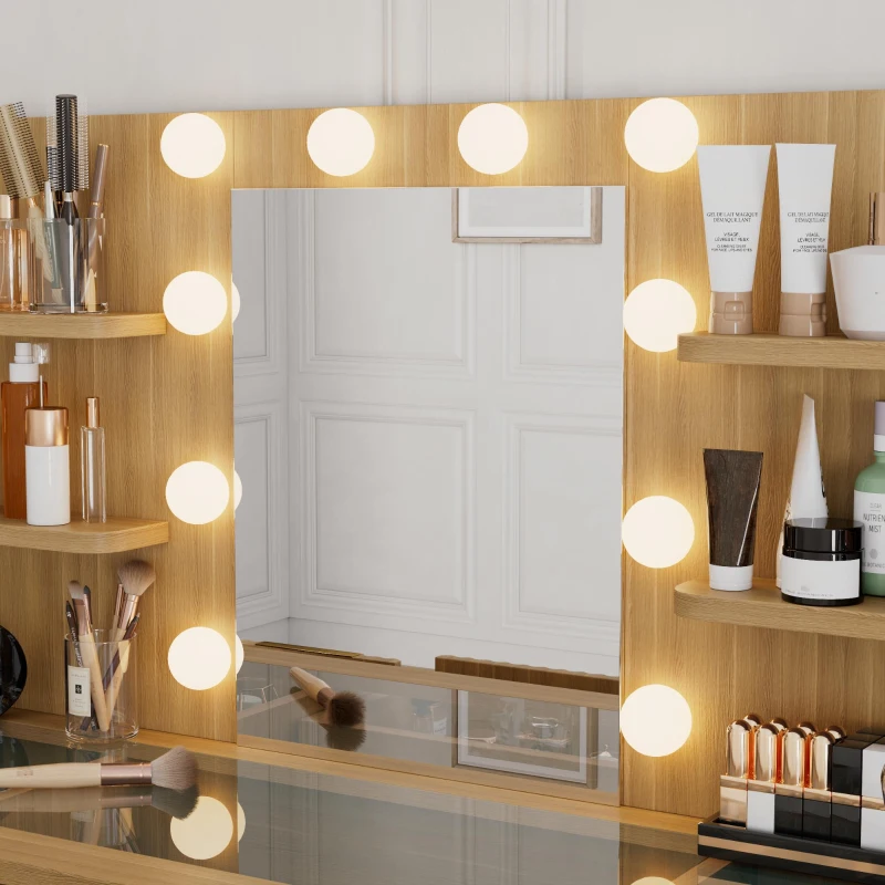 Spacious Makeup Vanity Desk with 3 Shelves and 7 Drawers, Functional Makeup Vanity with LED Mirror, 47" L x 15.5" W x 53.5" H, Natural Wood