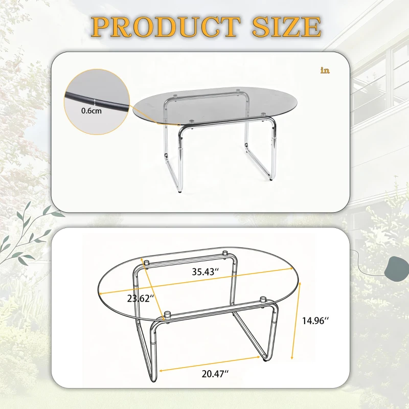 Curved Tempered Glass Coffee Table with Fingerprint-Resistant Top, Minimalist Center Table with U-Shaped Metal Legs, 35.5'' L x 23.5'' W x 15'' H, Grey