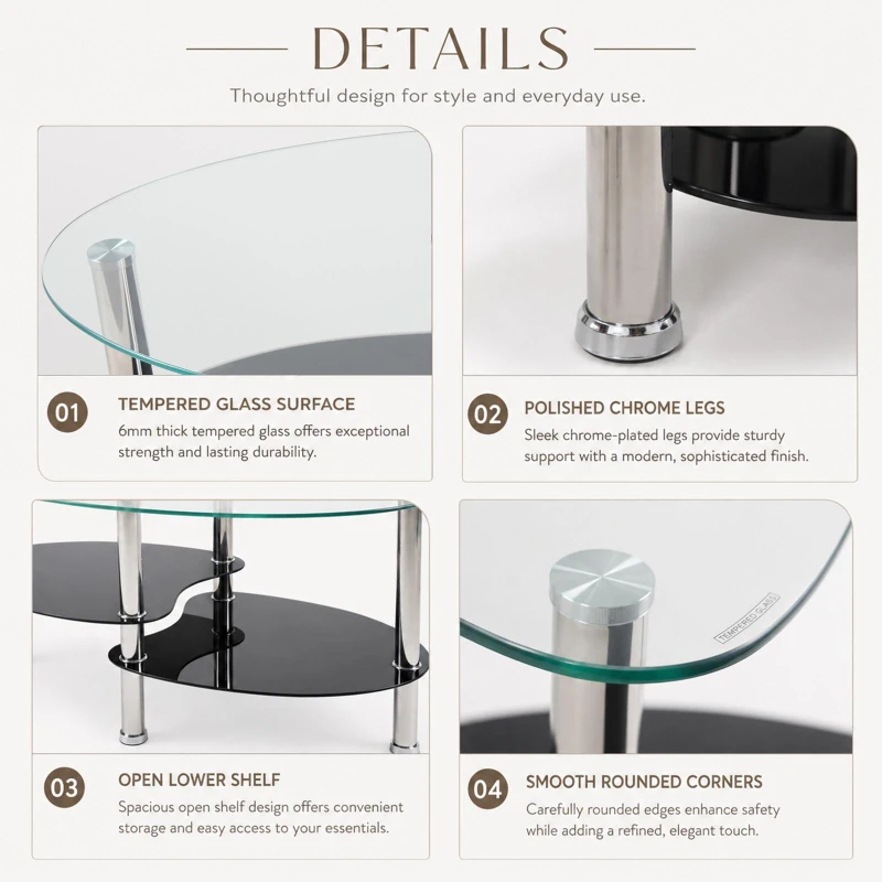 Oval Tempered Glass Coffee Table with Stainless Steel Legs, Modern Centre Table with Rounded Edges, 34.5'' L x 19'' W x 16'' H, Black+Transparent