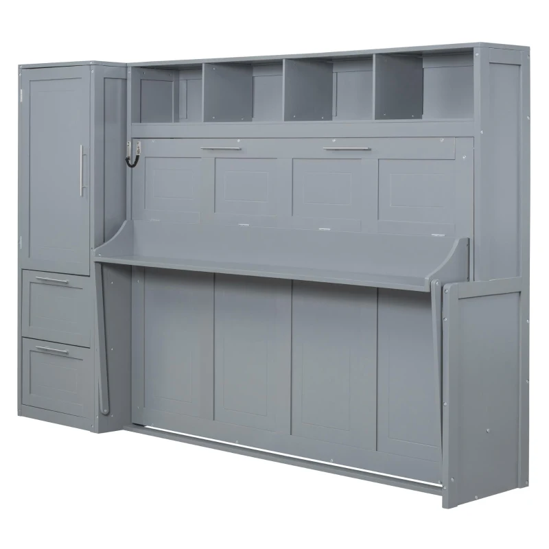 Space-Saving Full Size Murphy Wall Bed with Integrated Shelf, Customizable Bed Frame with Closet and 2 Drawers, 107.5" L x 58" W x 72" H, Gray