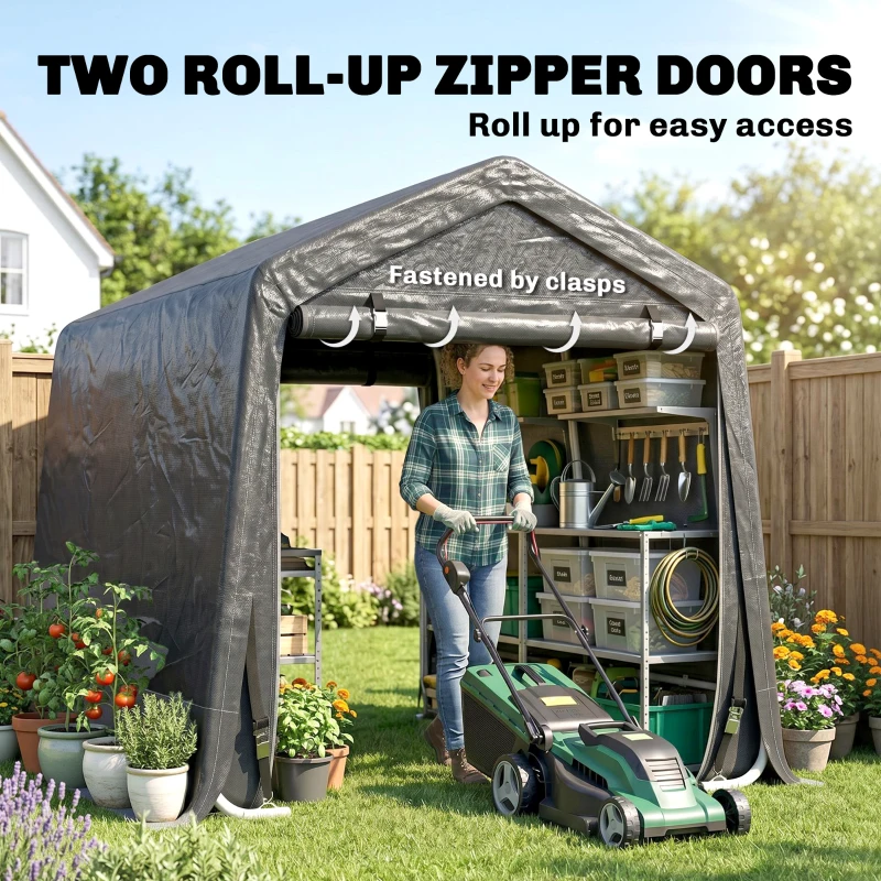 Outsunny 9.2' x 7.9' Garden Storage Tent, Patio Storage Shelter w/ Metal Frame and Double Zipper Doors, Dark Grey