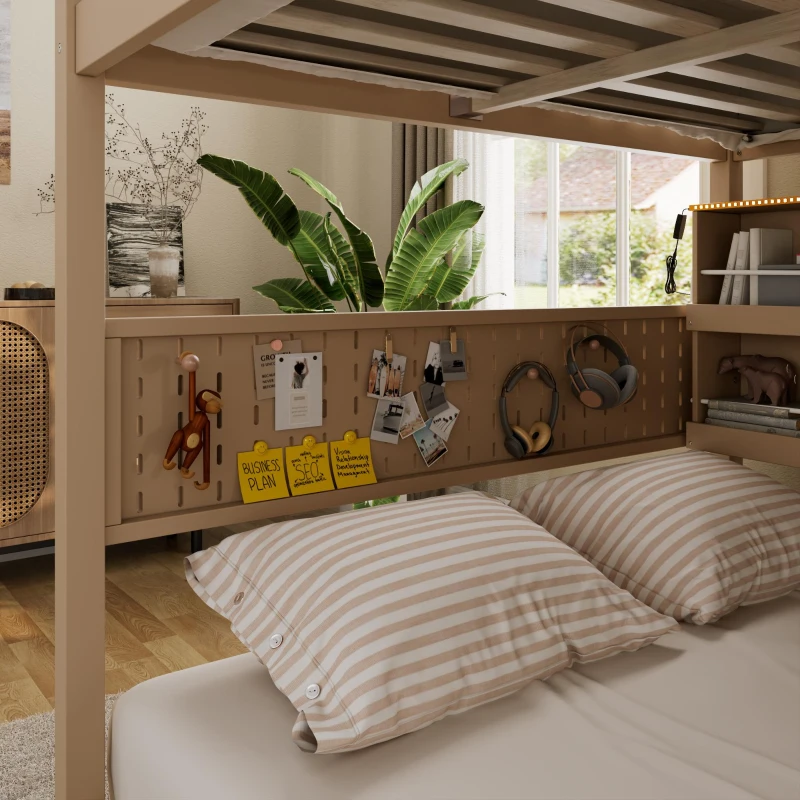 Full Over Full Bunk Bed with Convenient Storage Headboard, Unique Bed Frame with Multi-Color Light Strip, 79" L x 57.5" W x 57" H, Beige