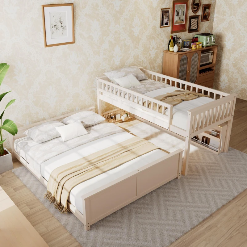 Twin XL Over Queen Bunk Bed with Built-In Storage Shelf and Safety Rope, Useful Bed Frame with Pegboard Side Panel, 83.5" L x 62.5" W x 59" H, Beige