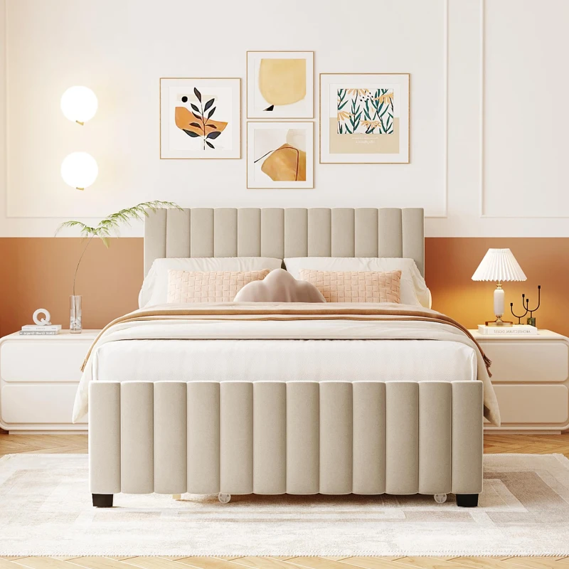Space-Saving Full Size Upholstered Platform Bed with Twin-Size Trundle, Solid Bed Frame with 10 Reinforced Slats, 80" L x 58" W x 46" H, Beige